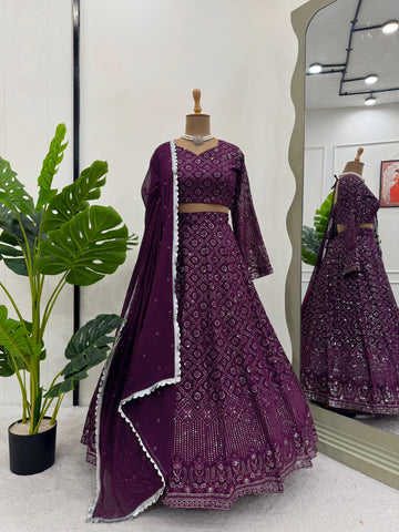 Function Wear Wine Color Faux Georgette And Thread With Sequence Work Beautiful Lehenga Choli