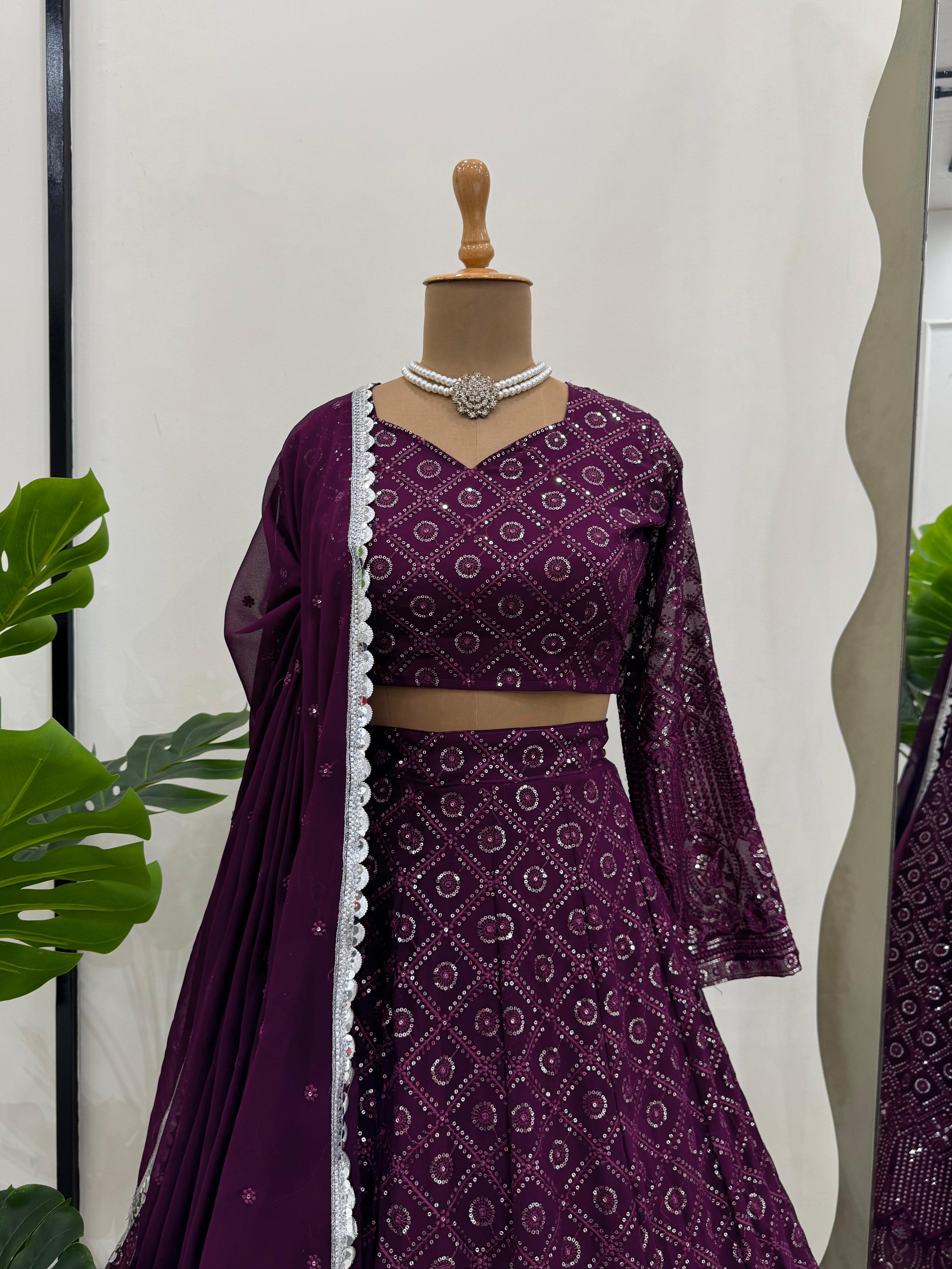 Function Wear Wine Color Faux Georgette And Thread With Sequence Work Beautiful Lehenga Choli