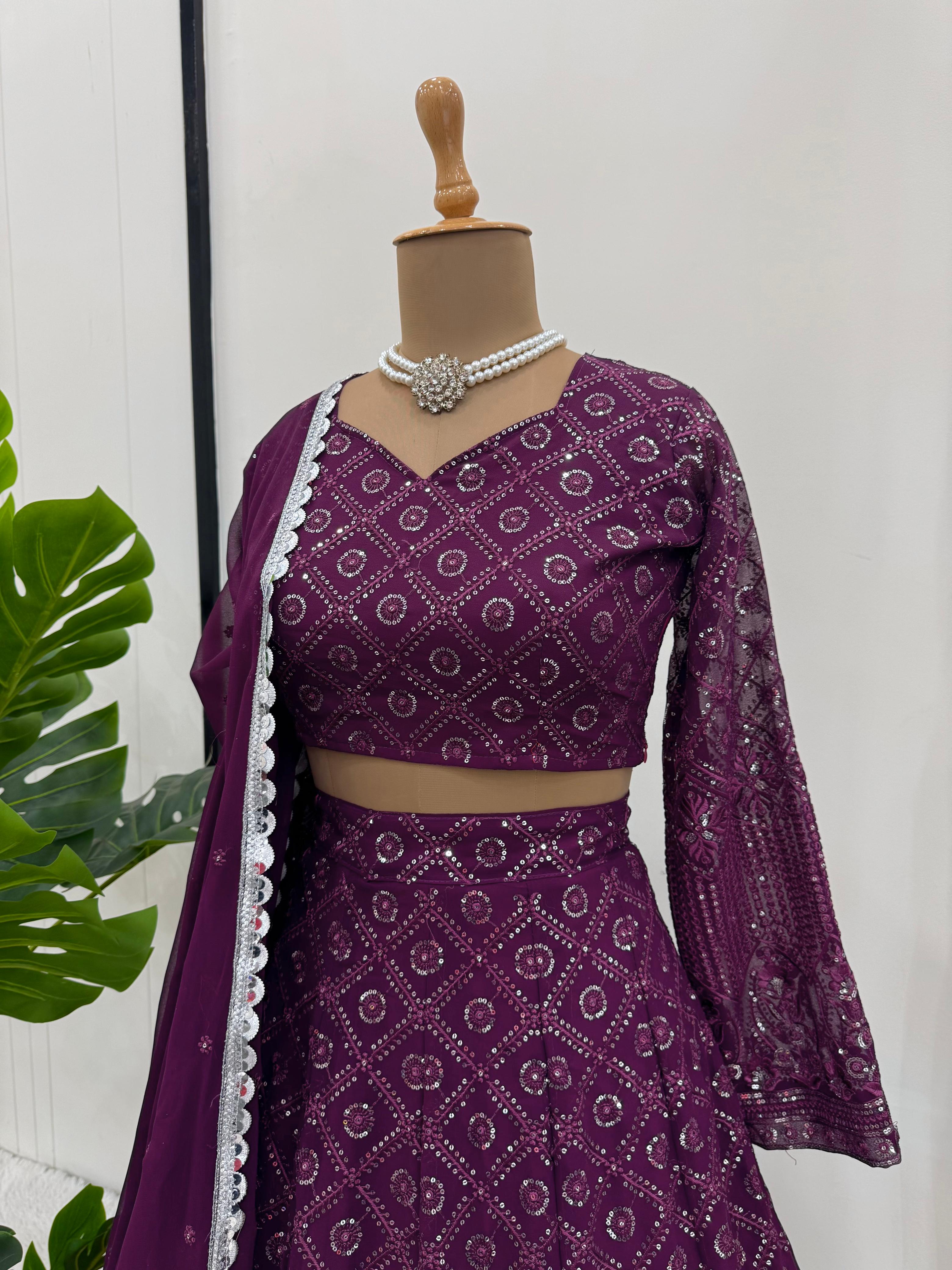 Function Wear Wine Color Faux Georgette And Thread With Sequence Work Beautiful Lehenga Choli