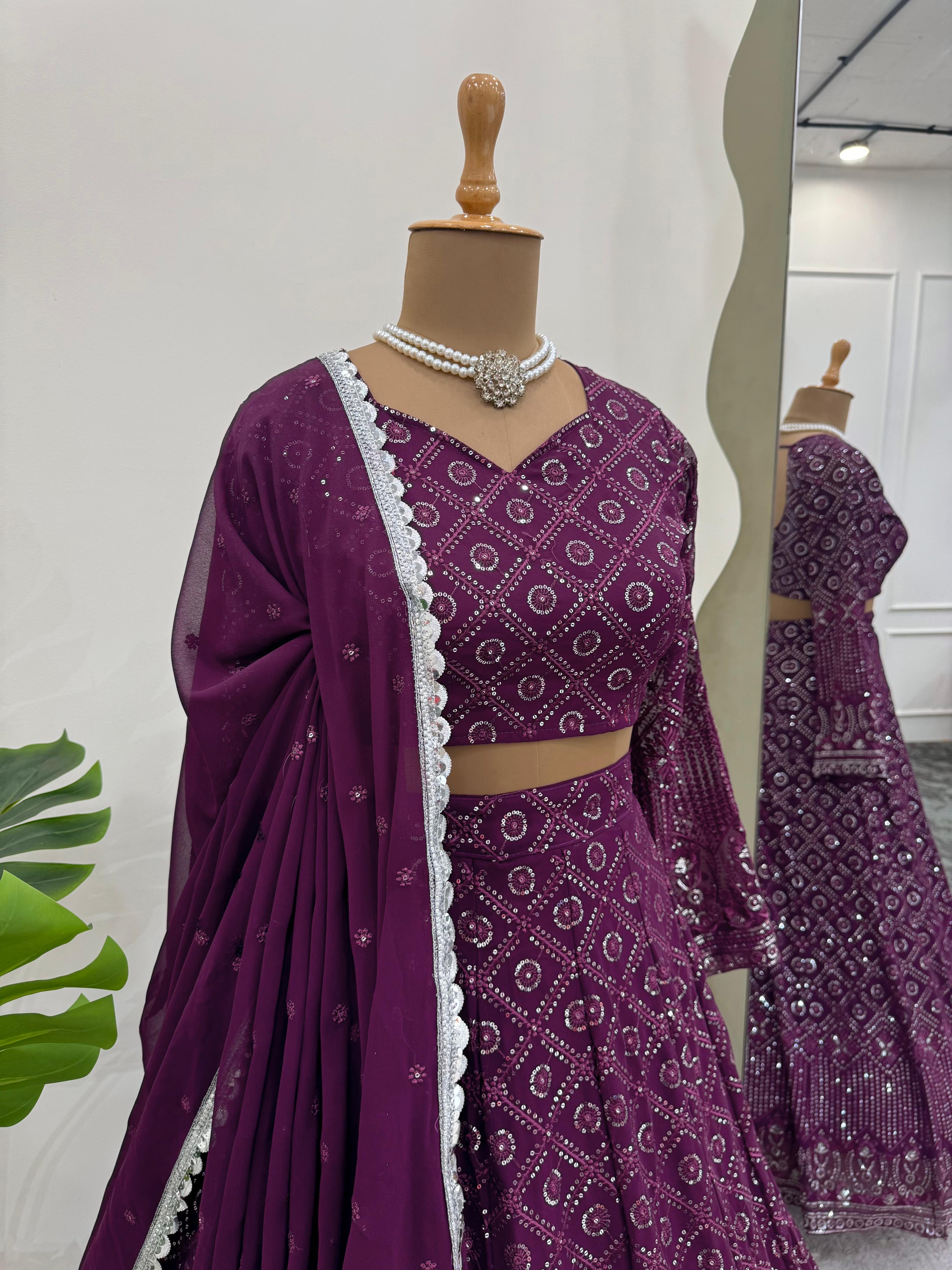 Function Wear Wine Color Faux Georgette And Thread With Sequence Work Beautiful Lehenga Choli