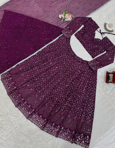 Function Wear Wine Color Faux Georgette And Thread With Sequence Work Beautiful Lehenga Choli