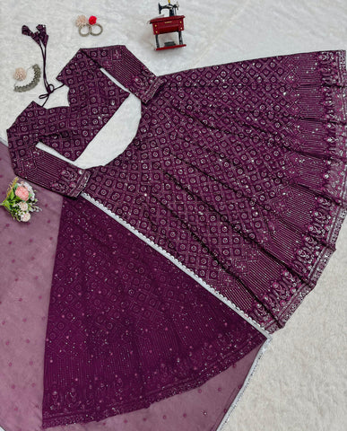 Function Wear Wine Color Faux Georgette And Thread With Sequence Work Beautiful Lehenga Choli