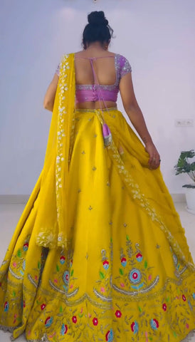 Haldi Special Yellow Color Chinon With Heavy Embroidery Sequence Work Designer Lehenga Choli