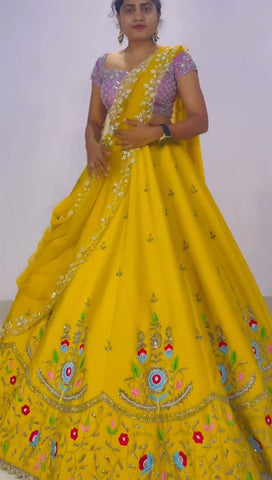 Haldi Special Yellow Color Chinon With Heavy Embroidery Sequence Work Designer Lehenga Choli