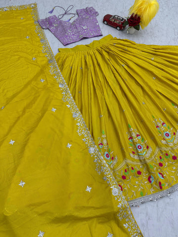 Haldi Special Yellow Color Chinon With Heavy Embroidery Sequence Work Designer Lehenga Choli