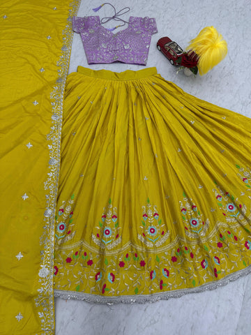 Haldi Special Yellow Color Chinon With Heavy Embroidery Sequence Work Designer Lehenga Choli