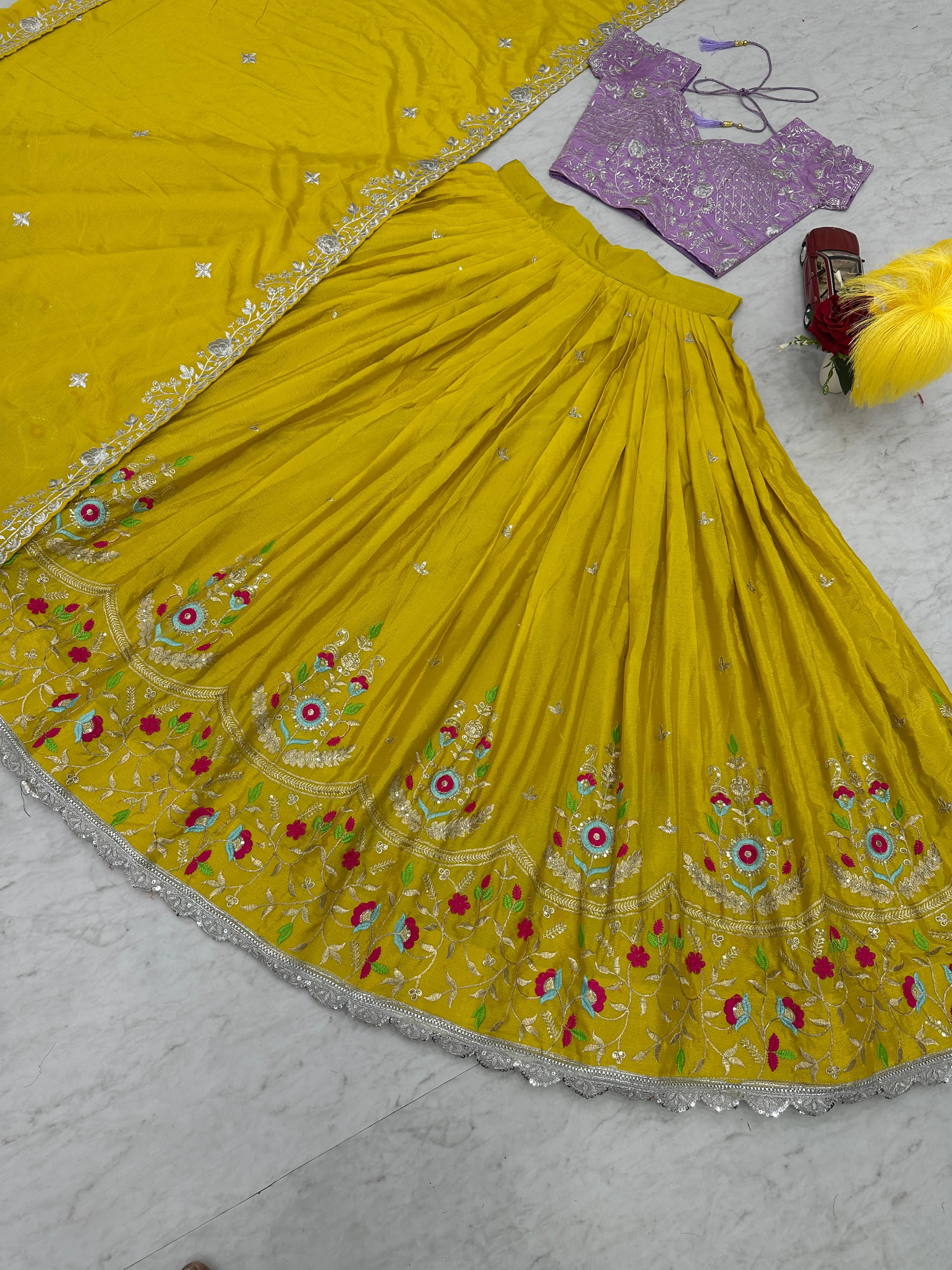 Haldi Special Yellow Color Chinon With Heavy Embroidery Sequence Work Designer Lehenga Choli