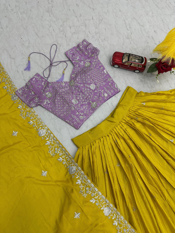 Haldi Special Yellow Color Chinon With Heavy Embroidery Sequence Work Designer Lehenga Choli