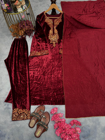 Demanding Maroon Color Heavy Pure Viscose Velvet With Embroidery 5mm Sequence Work Salwar Suit