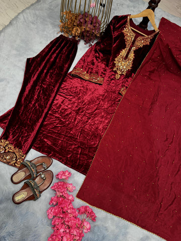 Demanding Maroon Color Heavy Pure Viscose Velvet With Embroidery 5mm Sequence Work Salwar Suit