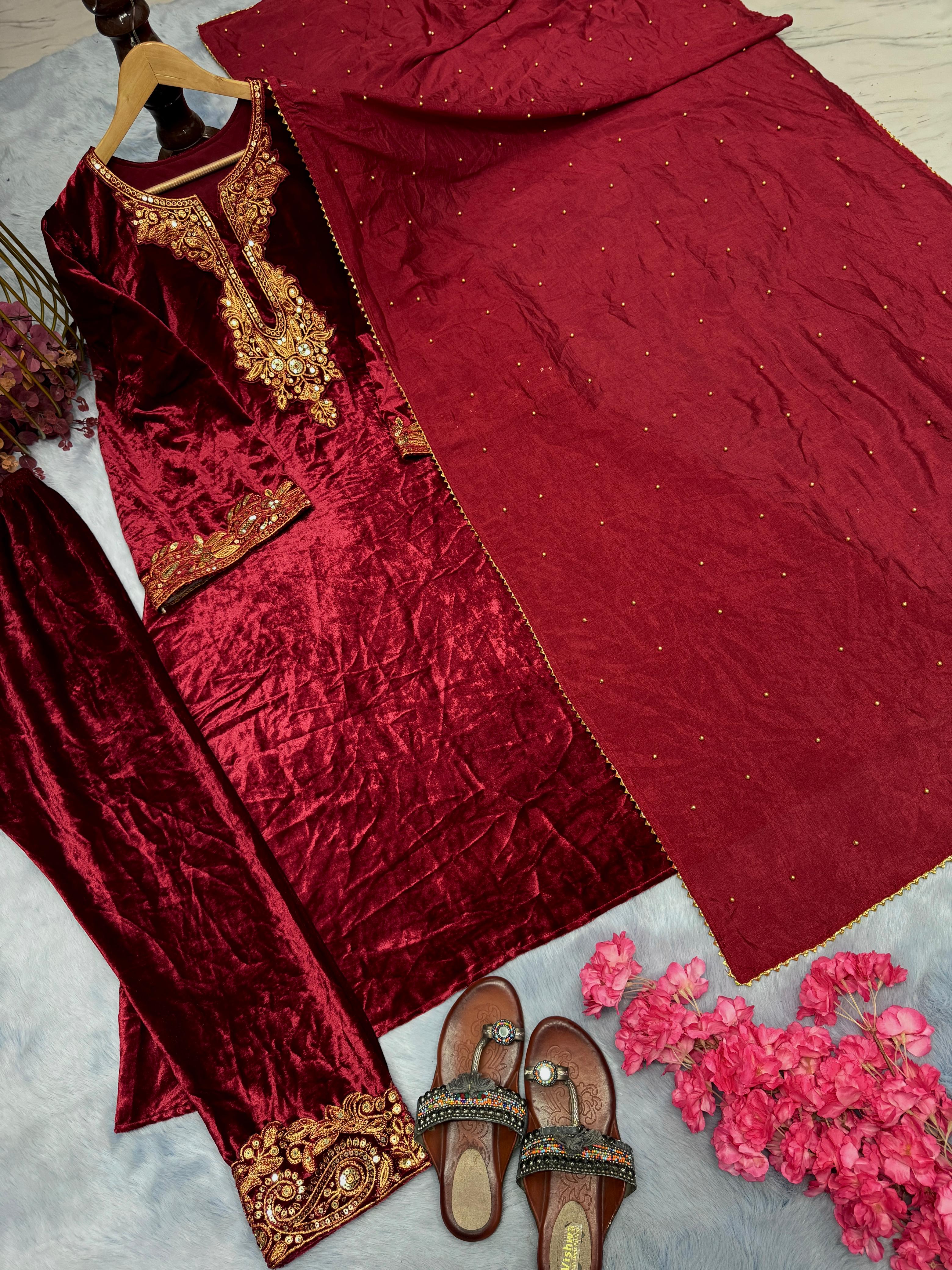 Demanding Maroon Color Heavy Pure Viscose Velvet With Embroidery 5mm Sequence Work Salwar Suit