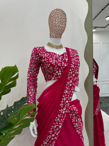 Wedding Wear Red Color Faux Georgette And Thread With Sequence Work Designer Ready To Wear Lehenga Saree